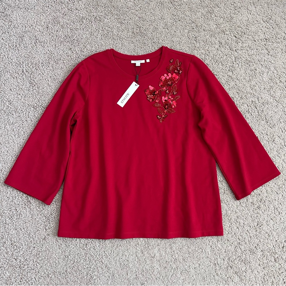 Chico's Embellished Ponte Long Sleeve Fashion Knit Top 2 (US L) Red Allure